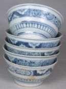 Tek Sing Cargo - five Chinese porcelain bowls of circular form the exterior painted in blue with a