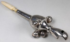 A 19th Century baby`s silver rattle with whistle, five bells and ivory teether, bears marks at base,