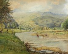 George Vicat Cole [1833-1893] - Cattle in a River valley on a Summer day, signed, watercolour, 18
