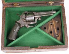 A Belgian pin fire revolver:, the octagonal barrel with foresight, with closed framed cylinder and