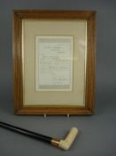 An Edwardian ivory handled and 15ct gold mounted presentation walking cane and certificate:,