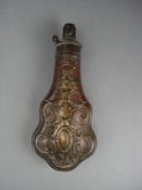 A Victorian copper powder flask by G & J W Hawksley:, of cartouche outline.