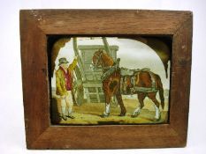 Two early 19th Century hand coloured glass panels: one of a Cart horse with cart and figure, the