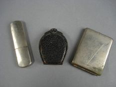 A silver and leather horseshoe purse and a plated vesta and lighter:, the purse with sliding clip