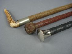 An antler handled riding crop and two other riding crops: (3).