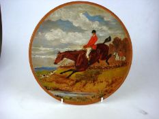 A Watcombe (Torquay) terracotta plaque:, with hand painted hunting scene, monogrammed and dated