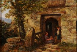 J B Surgey [c.1851-1883] Three Friends at an old farm near Buckland in the Moor, Devonshire signed