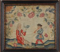 An 18th century English petit point needlework picture depicting a shepherd and shepherdess below