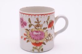 A Bow coffee can with grooved loop handle painted in colours with sprays and sprigs of European