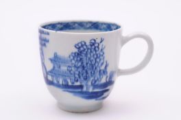 A Bow blue and white coffee cup painted with the ‘Desirable Residence’ or ‘Telegraph Pole’