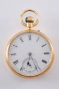 George Oram and Sons. A gentleman’s 18ct gold cased open-face pocket watch the circular white enamel