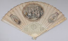 An early 19th century French or English fan, the paper leaf hand painted with a central scene of