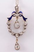 An enamelled gold and diamond pendant with blue enamelled ribbon motif suspending two pear-shaped