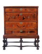 An antique walnut and inlaid rectangular chest on stand,  in the William and Mary taste, crossbanded
