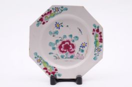 A Bow octagonal plate painted in bright enamels with an insect, peony and rockwork, circa 1755 - 60,
