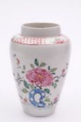 A Bow vase of tapering oviform, painted in famille rose colours with flowering shrubs, insects and