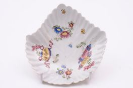 A Bow leaf-shaped pickle dish enamelled in the Chinese famille rose manner with precious objects and