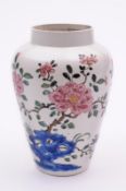 A Bow vase of tapering oviform, painted in bright famille rose colours with a large peony plant,