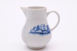 A Bow small sparrow beak cream jug painted in blue with a pagoda, rockwork and foliage, the
