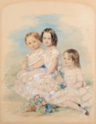 Catherine Gray [19th century] Portrait of three sisters in a Summer landscape, one holding a doll,