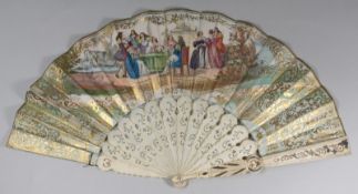 A 19th century Continental fan, the lithographed paper leaf decorated with figures on a river
