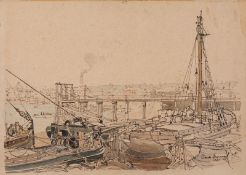 Claude Graham Muncaster [1903-1974] Barges at Strood signed and dated Aug 1927 inscribed with