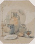 James Duffield Harding [1798-1863] Still life of jars, plates and candlesticks watercolour over