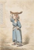 Gillray (James) A street seller carrying a basket of goods on her head watercolour over pencil,