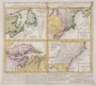 Homann (Heirs of) Dominia Anglorum in America Septentrionali four maps on one sheet, including: