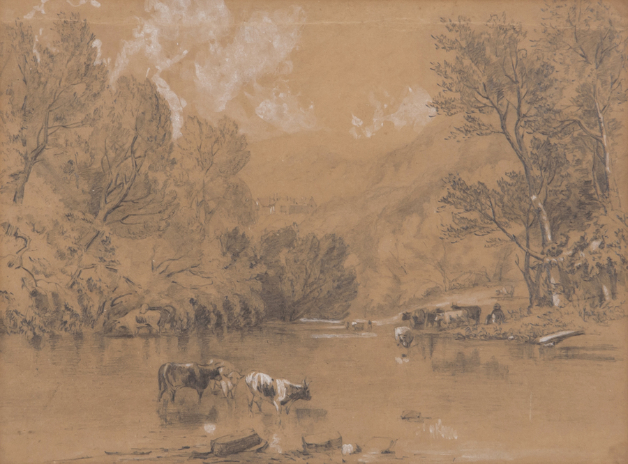 English School (19th Century) Cows beside a lake pencil, heightened with white, on brown paper, 27.