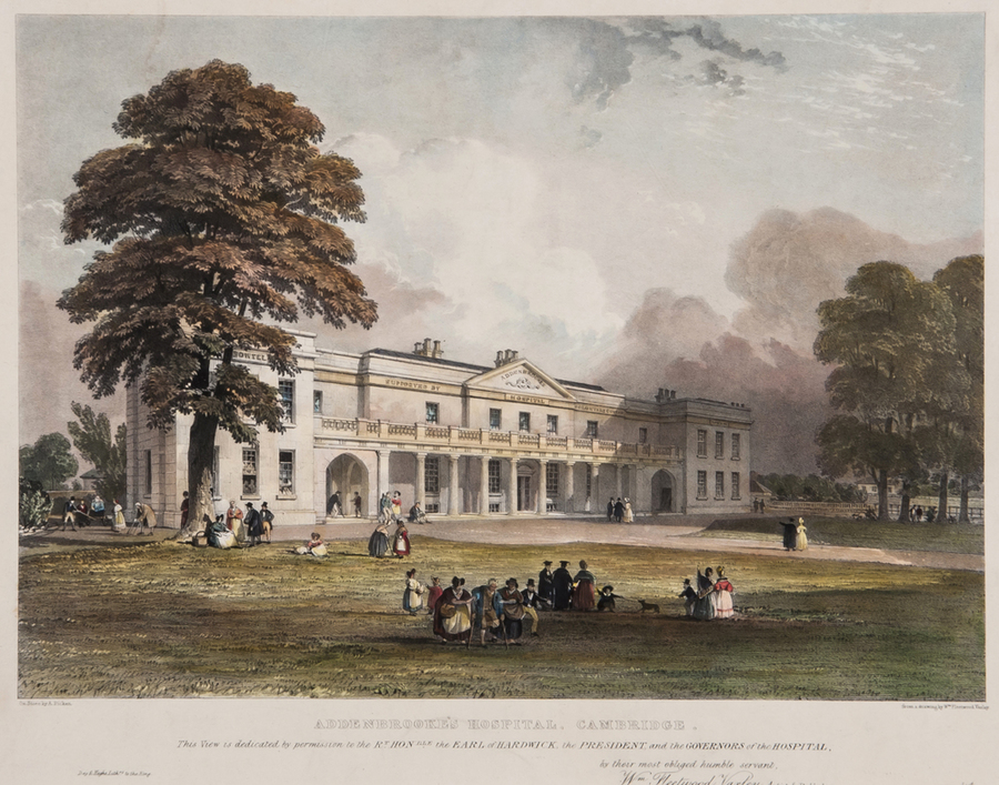 After William Fleetwood Varley (1785-1858) Coloured lithograph of Addenbrooke`s Hospital, Cambridge