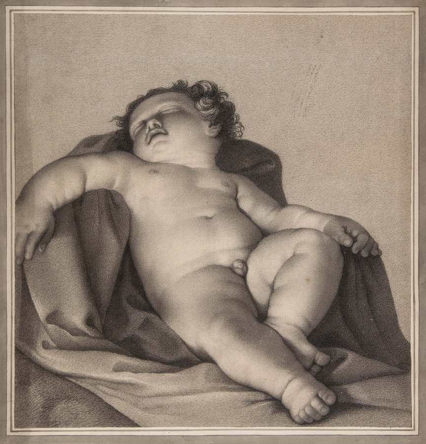 After Guido Reni A sleeping putto pencil drawing, mounted on washed card suppport blindstamped M.C.