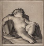 After Guido Reni A sleeping putto pencil drawing, mounted on washed card suppport blindstamped M.C.