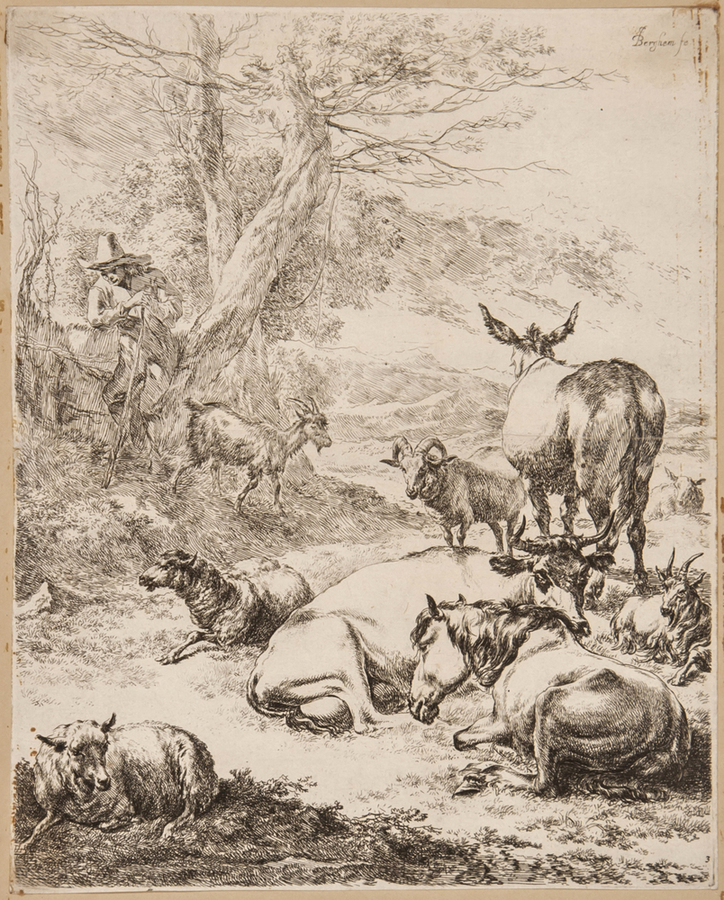 Nicolaes Berchem (1620-1683) Resting Herd etching, on laid paper watermarked with foolscap, c.1650,
