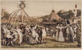 Robert Walker Macbeth (1848-1910) Maypole scene hand-coloured engraving, signed in pencil, lower