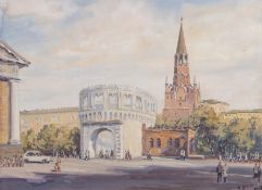 Attributed to Aleksander Platonovich Tsesevich A view of Moscow gouache on paper, signed and