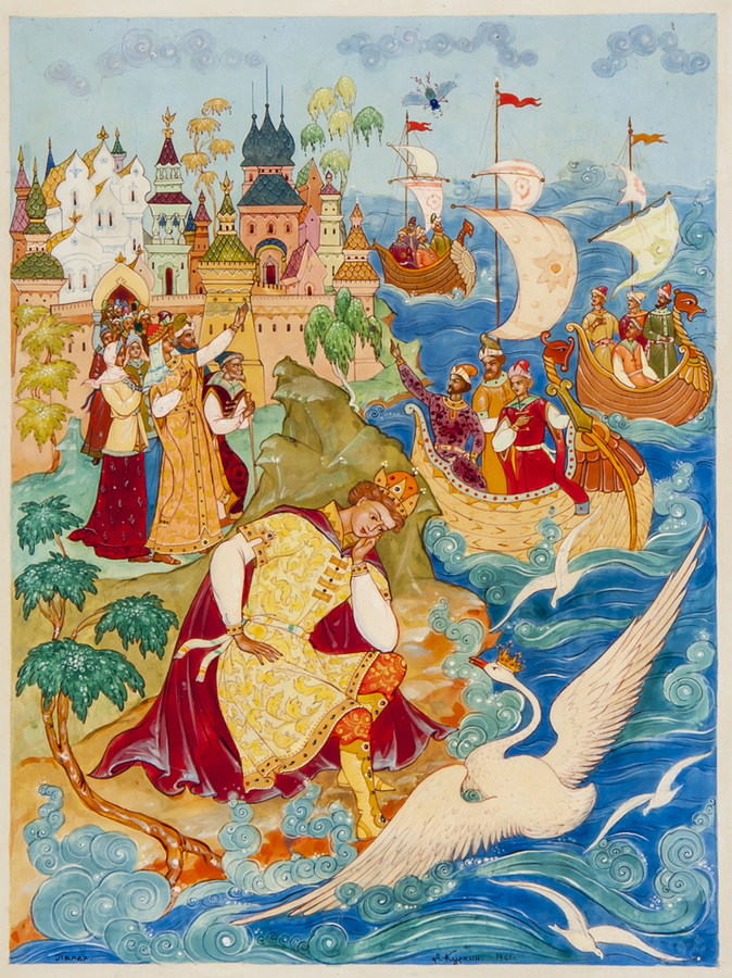 Alexander Mikhailovich Kurkin (1916) A pair of fairytale scenes Palekh School, lacquered papier-