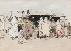 James McBey (1883-1959) Vegetable Market, Tangier watercolour, signed and dated 1959 lower centre