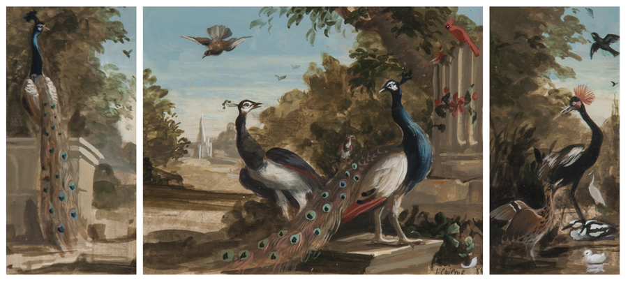 Ian Cairnie (20th Century) Triptych mural design with exotic birds in a classical landscape gouache