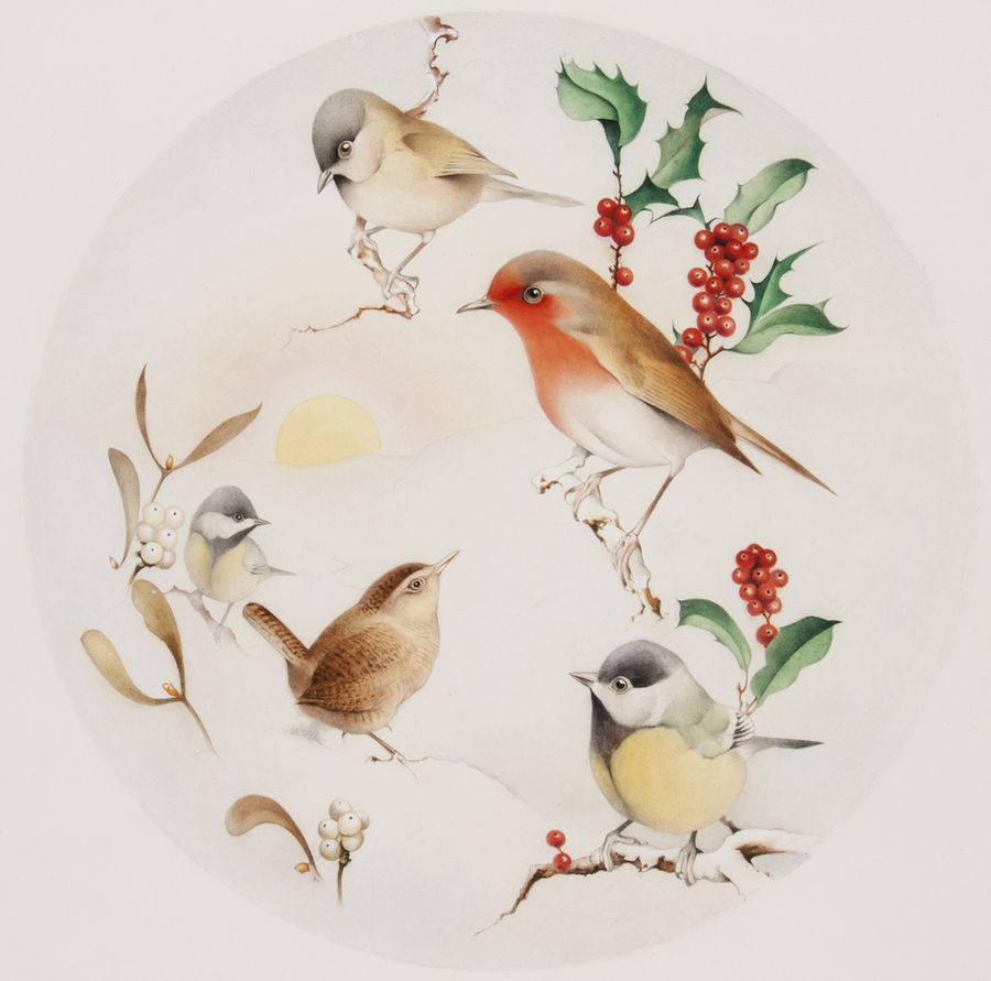 Edward Julius Detmold (1883-1957) British Winter Birds including a robin, great tit, blue tit, and