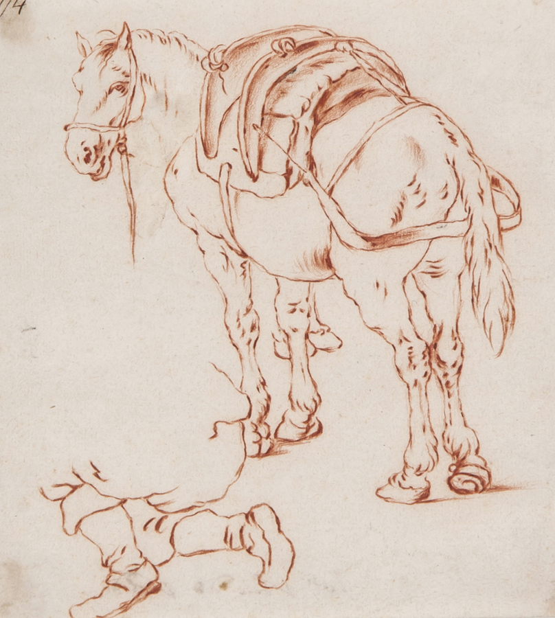 Dutch School (18th Century) Study of a horse with groom red chalk, on laid paper watermarked with