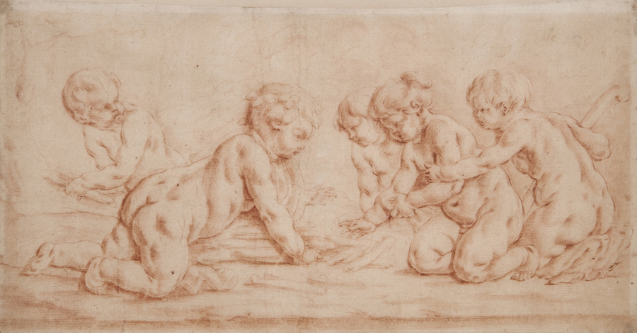 Flemish School (18th Century) A group of five putti preparing a fire red chalk on laid paper,