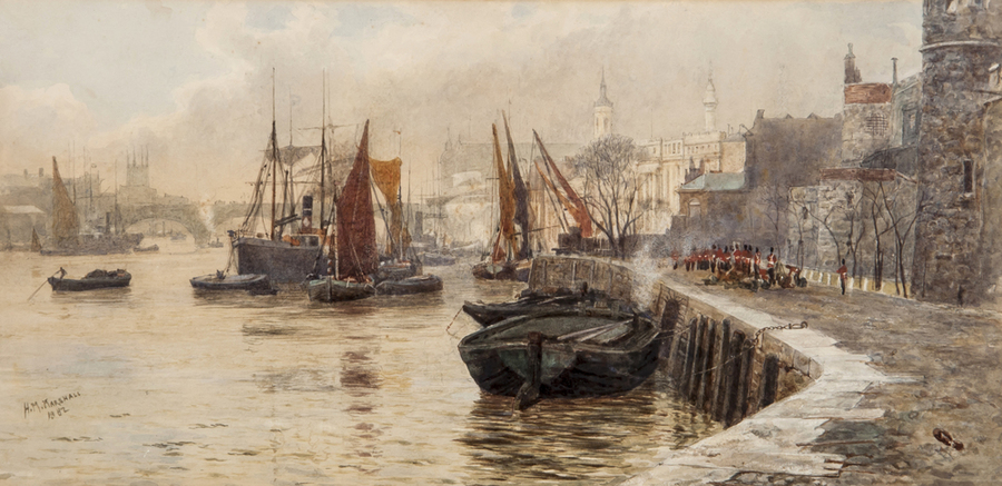 Herbert Menzies Marshall (1841-1913) Tower Quay watercolour over pencil with scratching out, signed