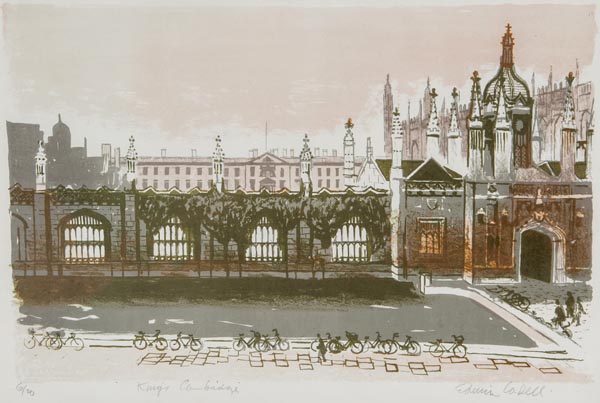 DS Edwin LaDell (1919-1970) Kings Cambridge lithograph printed in colours, signed and titled in