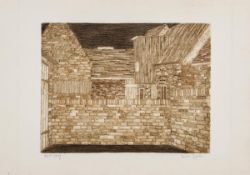 DS Valerie Thornton (1931-1991) Untitled (Farm Buildings) etching with aquatint printed in colours,