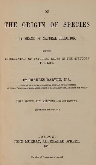Darwin (Charles) On the Origin of Species... third edition, with additions and corrections, `seventh