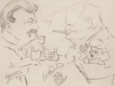 Laz,  cartoonist. [Stalin and Churchill with Hitler under his arm signalling thumbs up], pencil