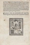 Basilius Magnus. E Mago Basilo Leonardi Arretini Traductio ad Colucium woodcut vignette depicting