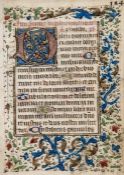 Book of Hours, single leaf illuminated manuscript on vellum, in Latin, 17 lines, written in black