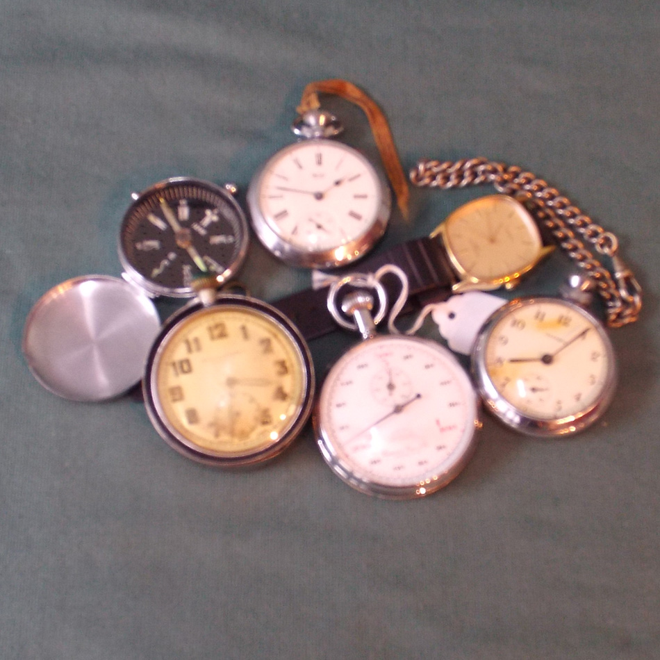 COLLECTION OF VINTAGE POCKET WATCHES, TIMEX WRISTWATCH, ETC.